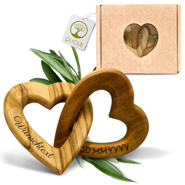 Holzherzen personalisiert, Olivenholz - Verbundene Holz Herzen mit Gravur als individuelles Geschenk