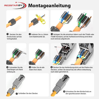 RedStar24 RJ45 Stecker Werkzeuglos CAT 7 CAT 8 Netzwerkstecker für Verlegekabel CAT8 CAT7 CAT6a LSA