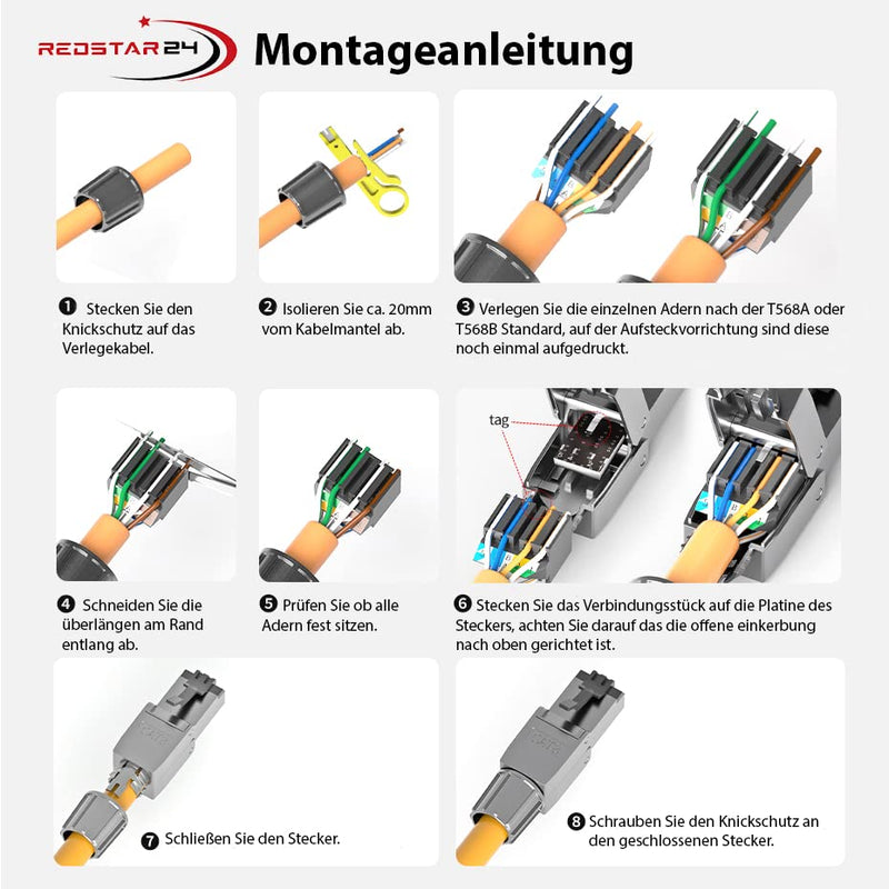 RedStar24 RJ45 Stecker Werkzeuglos CAT 7 CAT 8 Netzwerkstecker für Verlegekabel CAT8 CAT7 CAT6a LSA