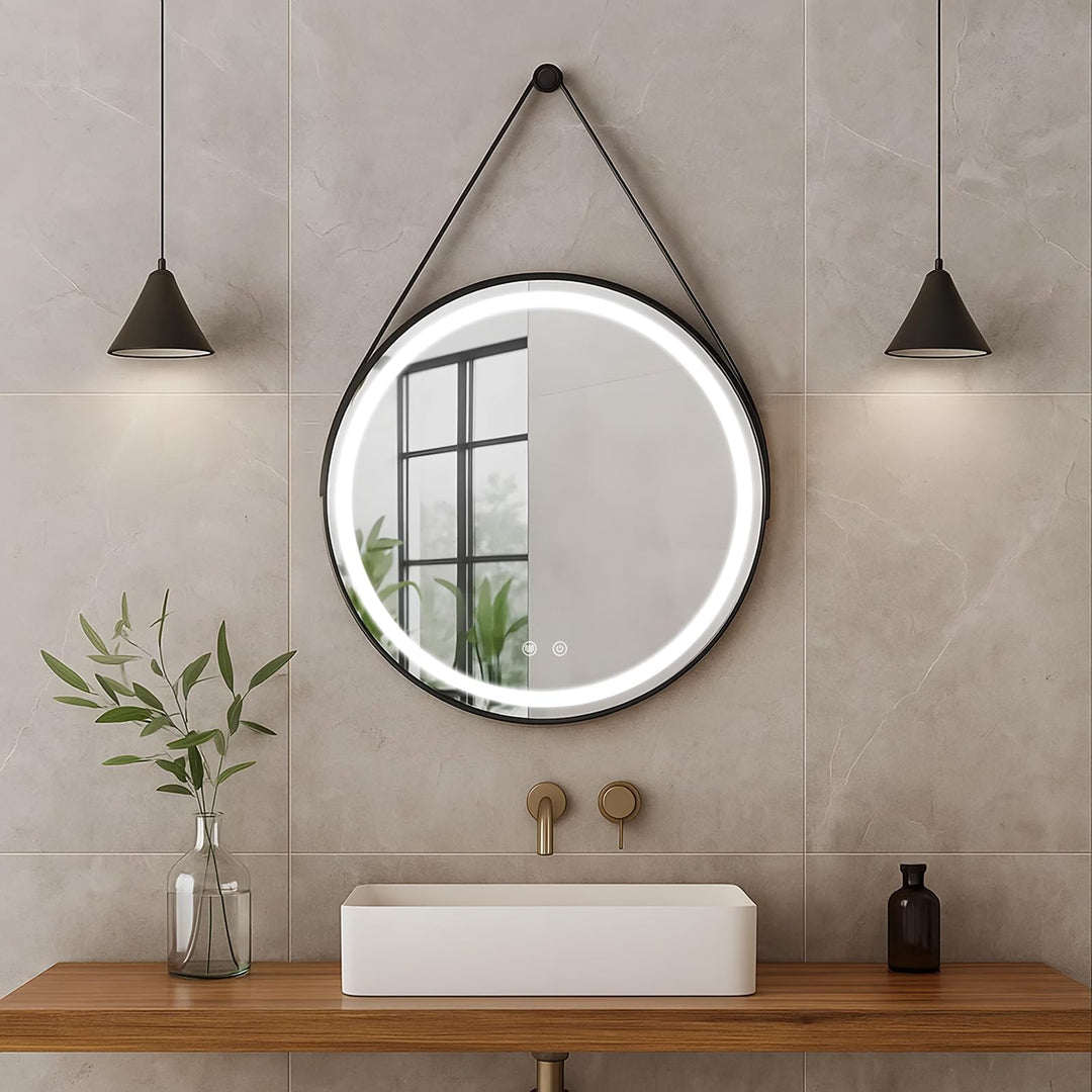 AllRight Badspiegel mit Beleuchtung Rund 50cm–LED Badezimmerspiegel mit 3 dimmbaren Lichtfarben, Ant