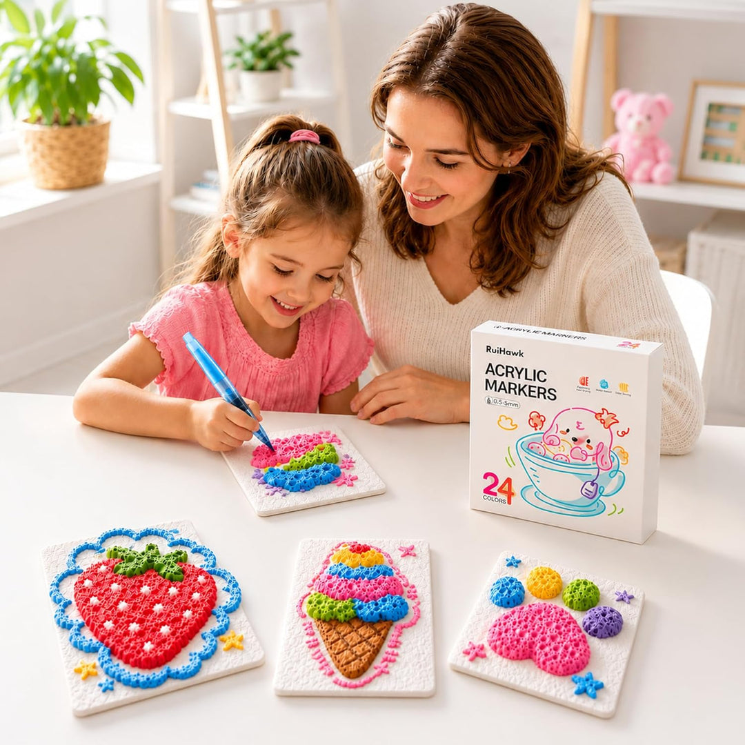 RuiHawk 75 Magic Puffy Paint Set, 3D Schaumtextur-Malset für Kinder mit 38 Blättern & 24 Acryl-Marke