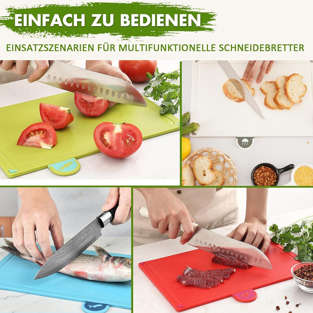Schneidebrett Set, Farbe Kunststoff Schneidebretter mit Lebensmittel-Icons & Tablettboden, Rutschfes