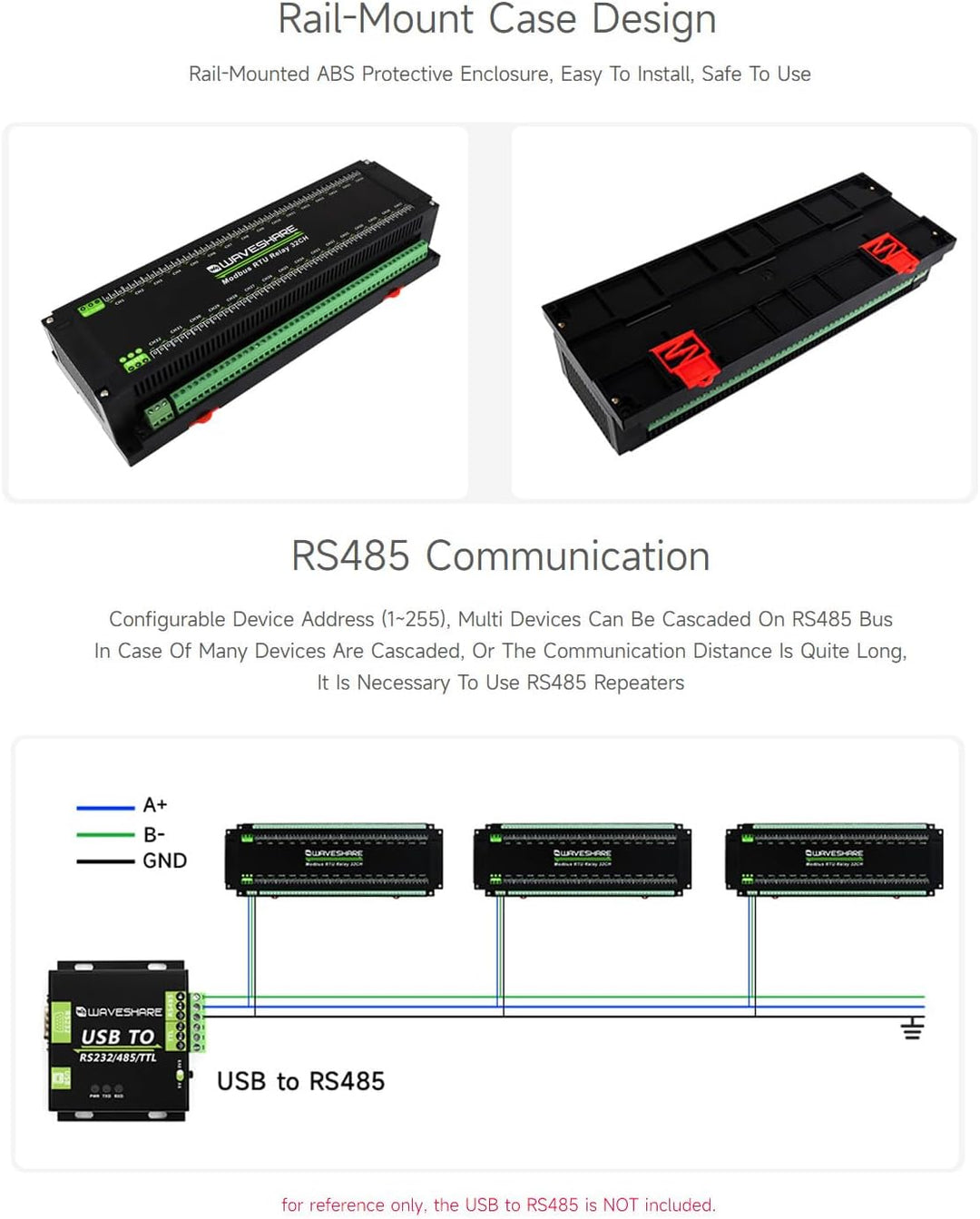 Waveshare Modbus RTU 32-Ch Relay Module, RS485 Interface, with Multiple Isolation Protection Circuit