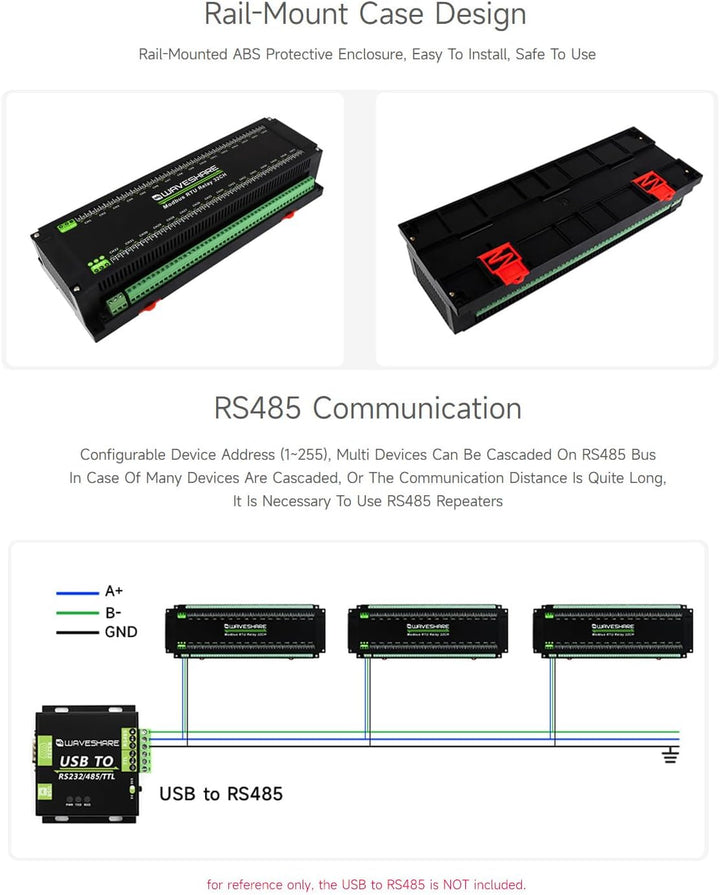 Waveshare Modbus RTU 32-Ch Relay Module, RS485 Interface, with Multiple Isolation Protection Circuit