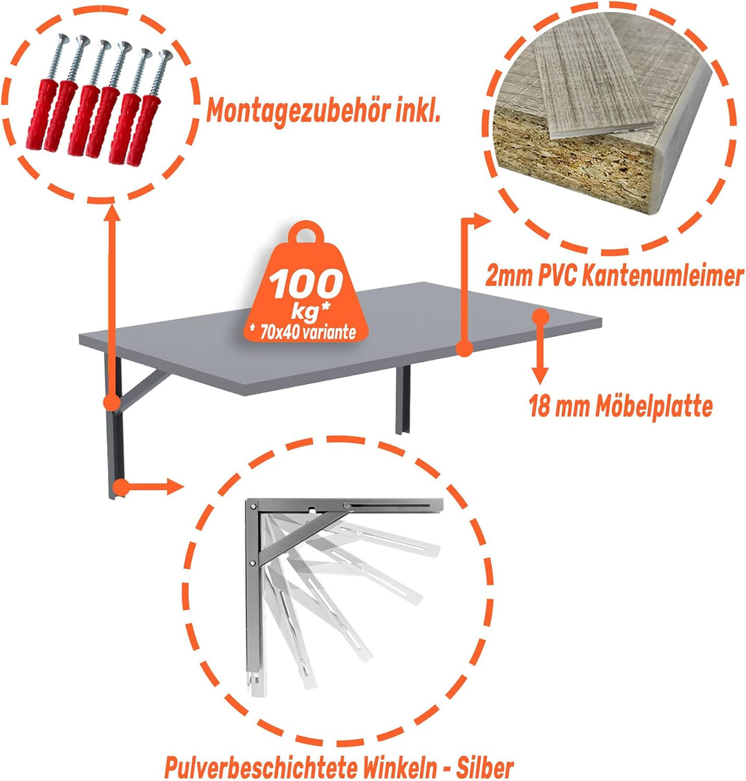 mikon 60x40 | Wandklapptisch Klapptisch Wandtisch Küchentisch Schreibtisch Kindertisch | Light Graph