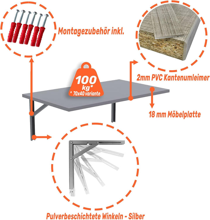 mikon 60x40 | Wandklapptisch Klapptisch Wandtisch Küchentisch Schreibtisch Kindertisch | Light Graph