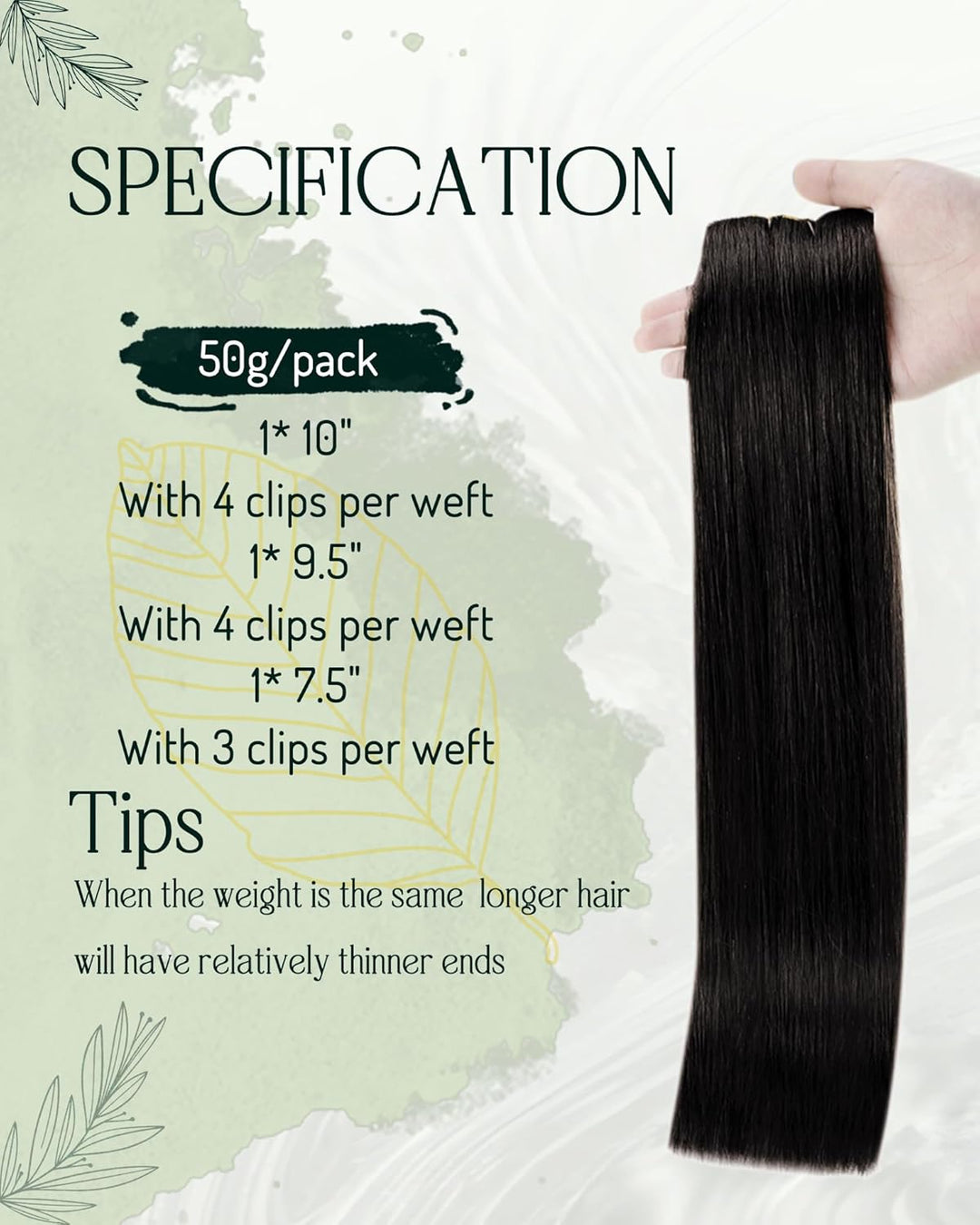 RUNATURE Echthaar Extensions Clip Schwarz 25cm Glatt Menschliches Haar Clip in Extensions Echthaar N