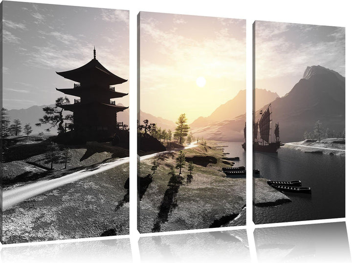 Pixxprint asiatischer Tempel an Fluss als Leinwandbild/Grösse: 3 Teilig (120x80 cm) cm/Wandbild/Kuns