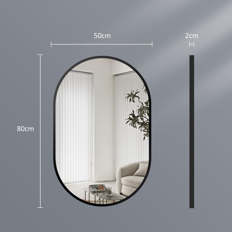 Spiegel Schwarz 80x50cm Ovaler Wandspiegel mit Metallrahmen Dekorative Spiege für Badezimmer Wohnzim