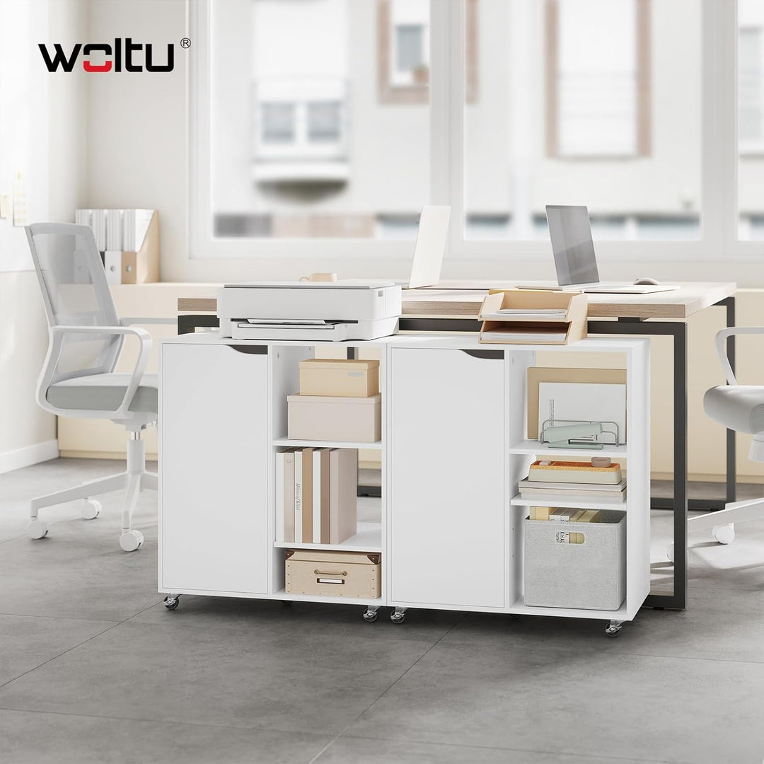 WOLTU Aktenschrank mit Rollen, Druckertisch mit 3 offenen Fächern, 1 Tür, verstellbaren Ablagen, für