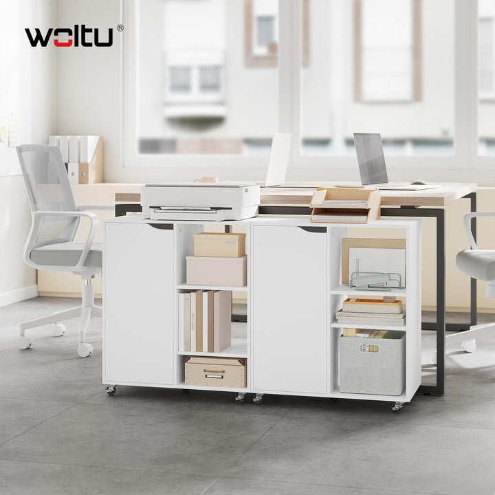 WOLTU Aktenschrank mit Rollen, Druckertisch mit 3 offenen Fächern, 1 Tür, verstellbaren Ablagen, für