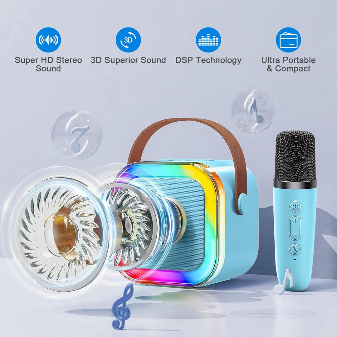 Mini Karaoke Maschine mit 2 Drahtlosen Mikrofonen, Karaoke Maschine Kinder, tragbarer Bluetooth-Laut