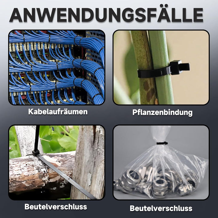 ZENIX Kabelbinder Schwarz 4.8mm x 300mm, 1000 Stück Kabelbinder UV Beständig lang, Schwarze Binder m