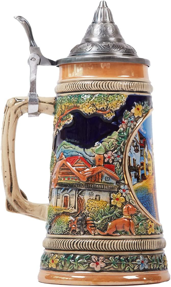 NENBOLEC Bierkrug mit Zinndeckel Bierseidel Steinkrug Deutsch Frankfurt Römer Beer Stein 0.6L
