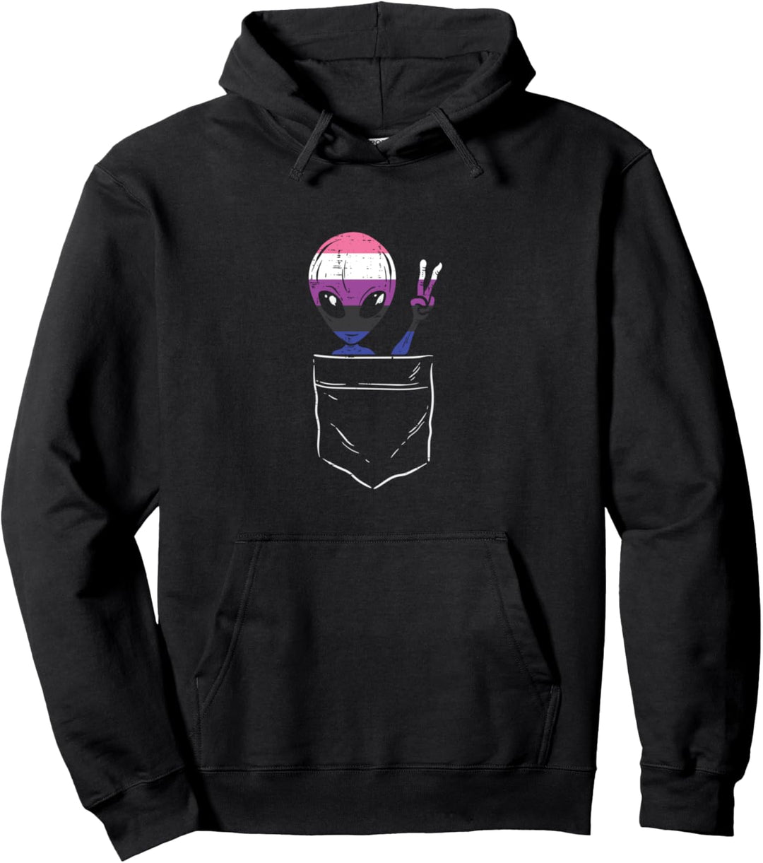 Allien In Pocket Waving LGBTQ Genderfluid Flag Non-Binary Pullover Hoodie