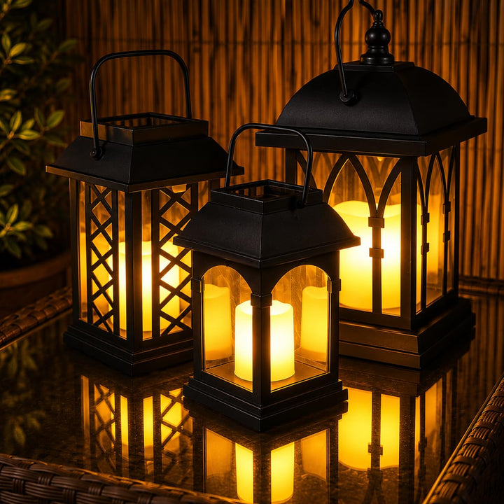Festive Lights 3-er Set: Schwarze Solar Laternen mit LED Kerzen und täuschend echt wirkenden Flacker