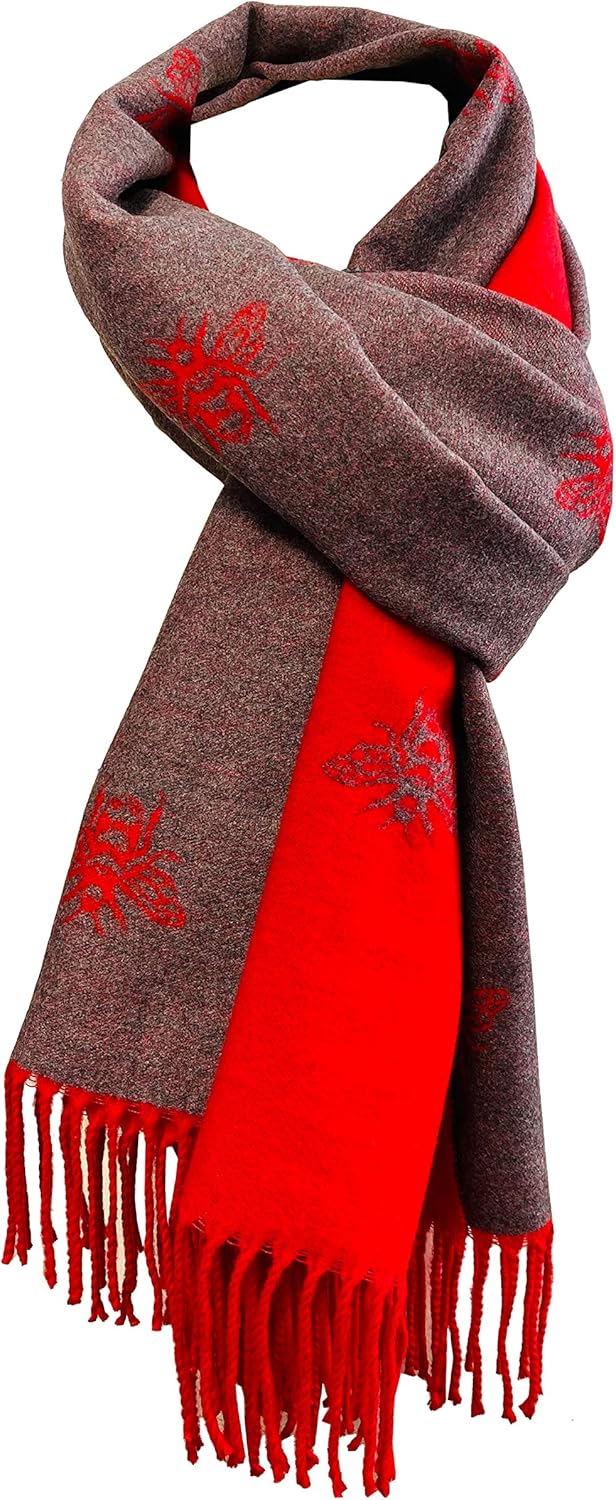 BUMBLE BEES Superweicher Schal mit roter und grauer Quaste, wendbar, weich und warm, Rot gemustert,