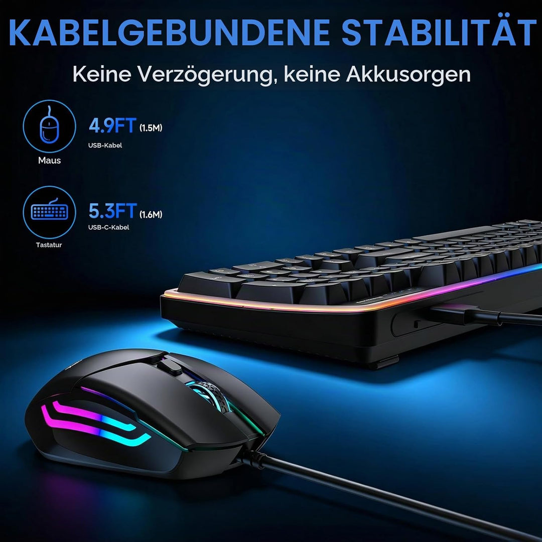 QWERTZ Kabelgebundenes Tastatur Maus Set, USB Full-Size Tastatur mit RGB LED Beleuchtung, leise Memb