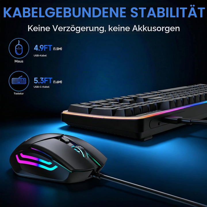 QWERTZ Kabelgebundenes Tastatur Maus Set, USB Full-Size Tastatur mit RGB LED Beleuchtung, leise Memb
