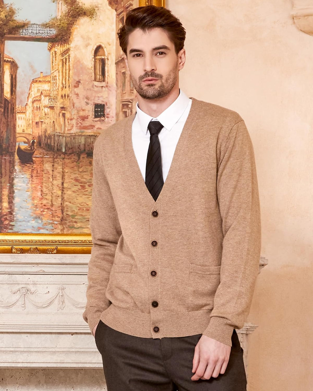 Kallspin Herren Strickjacke aus Wollmischung V-Ausschnitt Cardigan mit Knopfverschluss und Taschen M