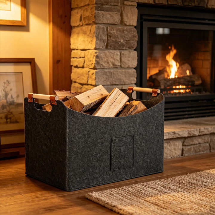 Riven Filz Brennholz Korb grosse Lagerung Bin faltbar 96L dunkelgrau 60x40x40cm Log Holder mit Front