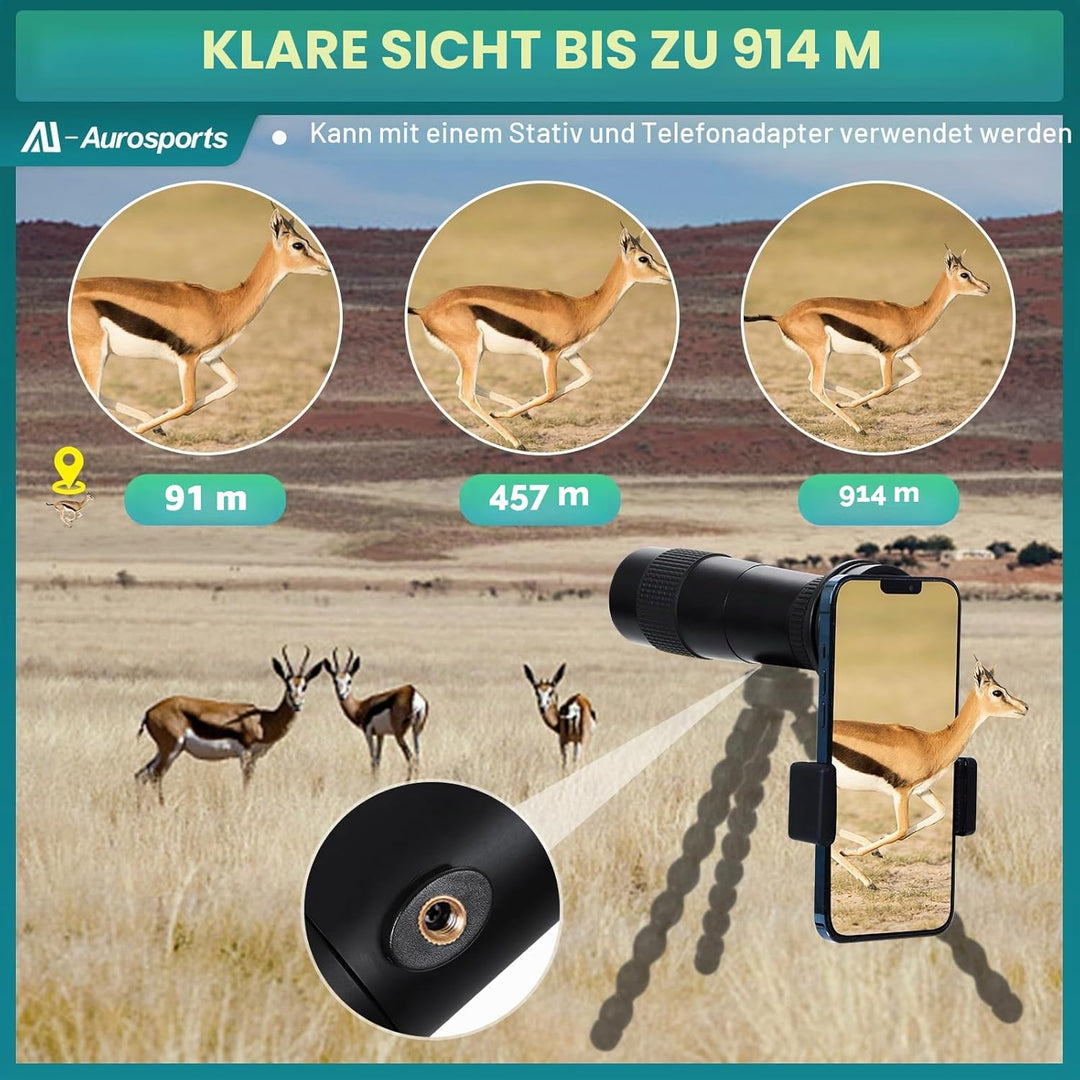 Aurosports 10-30x40 Zoom Monokular Teleskop Erwachsene, Bak4 Prisma Dual Fokus Fernrohr Kompakt Mono