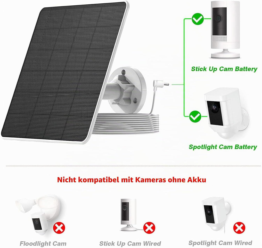 Solarpanel-Ladegerät für Ring Spotlight Cam und Ring Stick Up Cam, IP65 Wasserdichtes Solarpanel mit