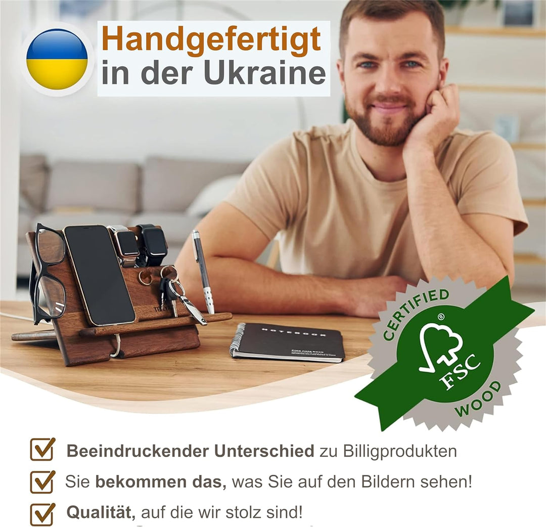 Holz Telefon Dockingstation Nussbaum mit Schlüsselanhänger Geldbörsenständer & Uhren Organisator Her