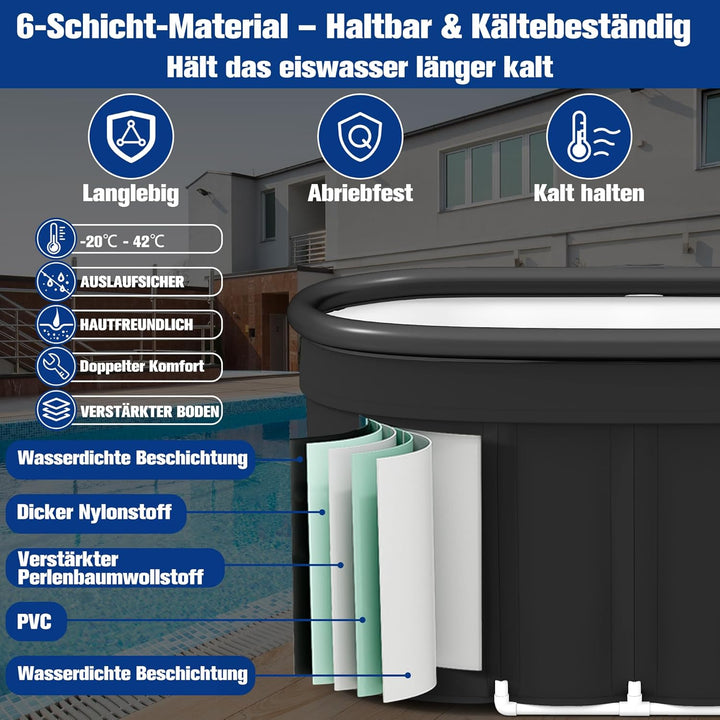 Ovales Eisbad XXL (120 cm) mit Abdeckung Komplettset - Faltbare Badewanne Erwachsene Eisbaden Tonne