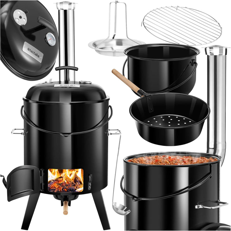 tectake® Gulaschkanone, 5in1, Gulaschkessel, Kochtopf, Grill, Dünsten, Braten, Maroni Röstpfanne, 17