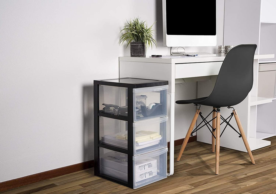 Iris Ohyama Kunststoff-Schubladenbox mit Rollen, 3 tiefen Schubladen, Schwarz, Griffe zum Ziehen, Fü