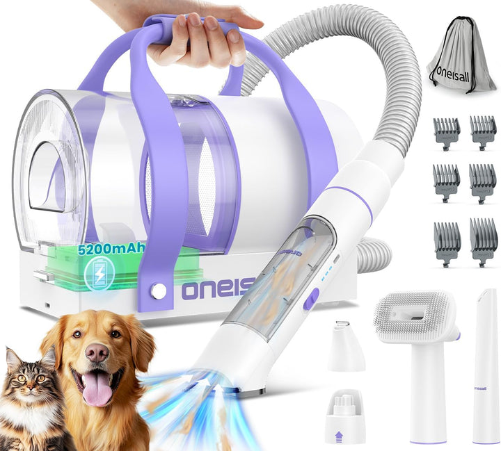 oneisall akku Staubsauger Kabellos Tierhaare, 5200mAh Hundehaarstaubsauger mit Schermaschine, Nagels