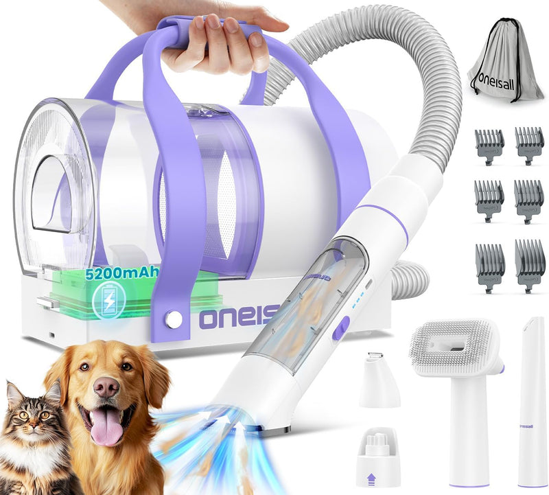 oneisall akku Staubsauger Kabellos Tierhaare, 5200mAh Hundehaarstaubsauger mit Schermaschine, Nagels