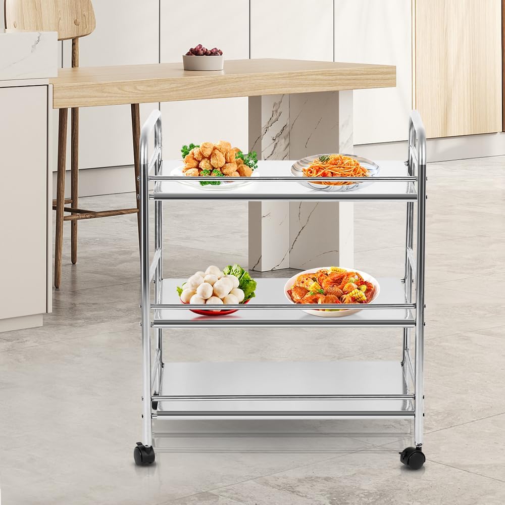 Kedia 3 Regale mit Rollen Edelstahl Küchenwagen mit Rollen Multifunktions Servierwagen (61 x 36 x 75
