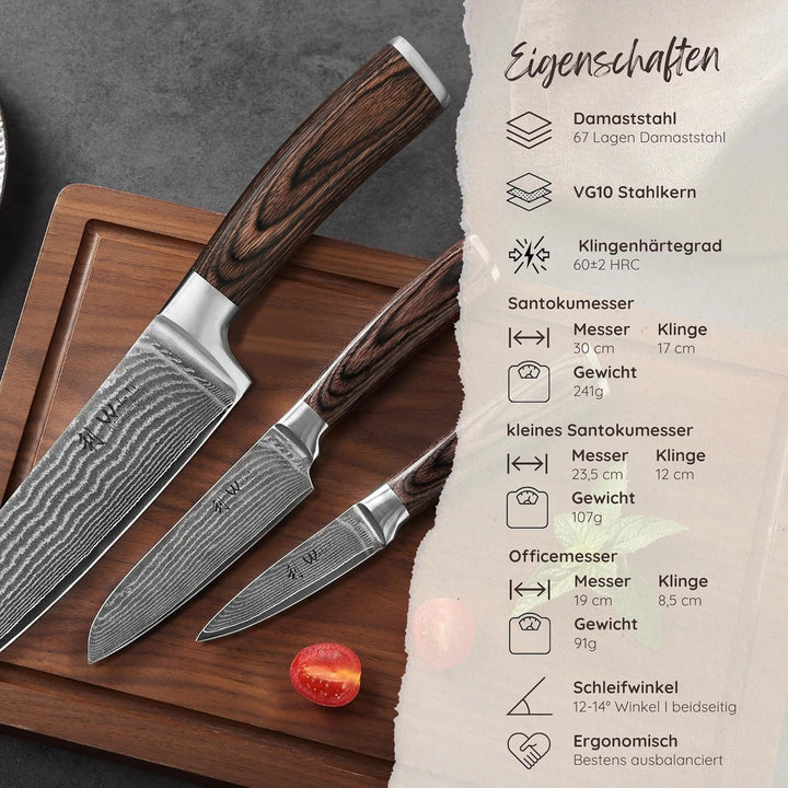Wakoli 3er Damastmesser-Set mit Klingen von 8,50cm bis 17,00cm extrem scharf aus 67 Lagen I Profi Kü