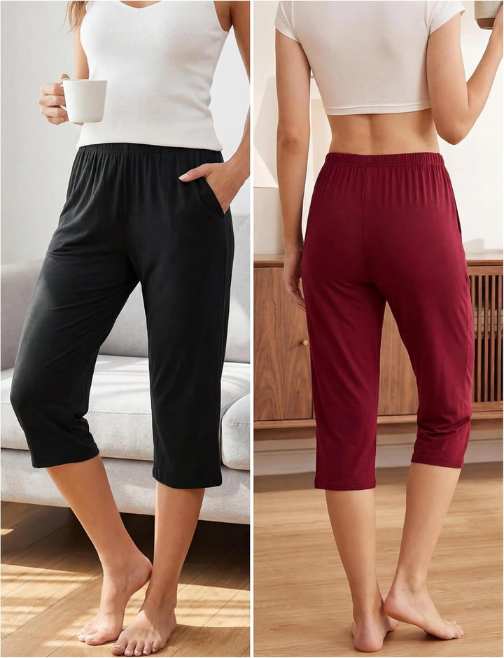 MoFiz Damen Schlafanzughose 3/4 Lang Schlafhose Modal Nachtwäsche Weich Pyjamahose Freizeithose mit