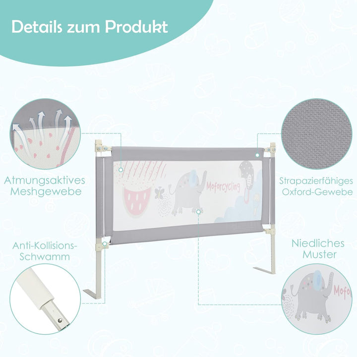 COSTWAY 145cm/175cm Bettgitter, 24 Stufen höhenverstellbares Babygitter mit doppeltem Verschluss & R