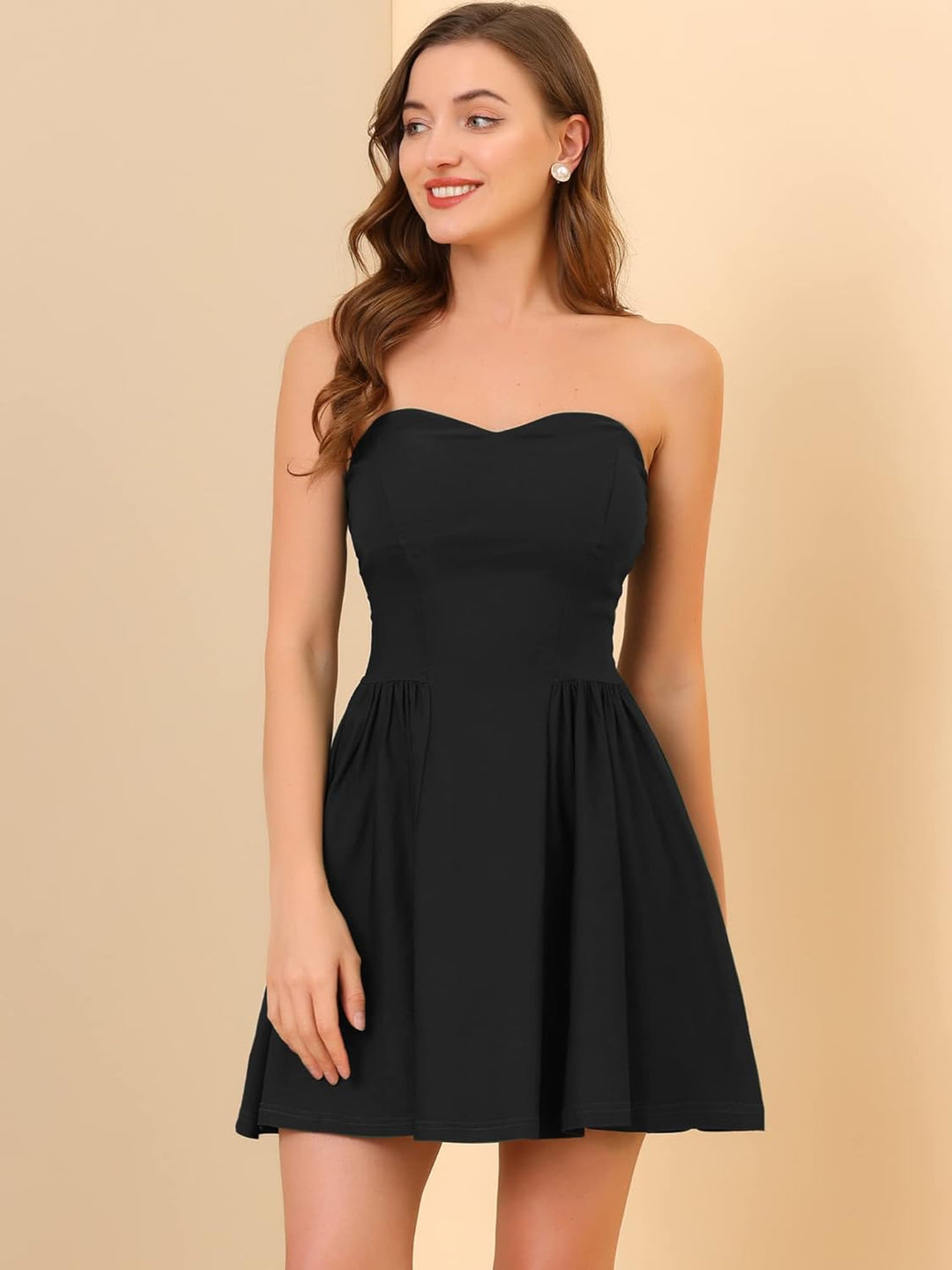 Allegra K Damen A-Linie Reissverschluss Schulterfrei Minikleid Party Kleid S Schwarz, S Schwarz