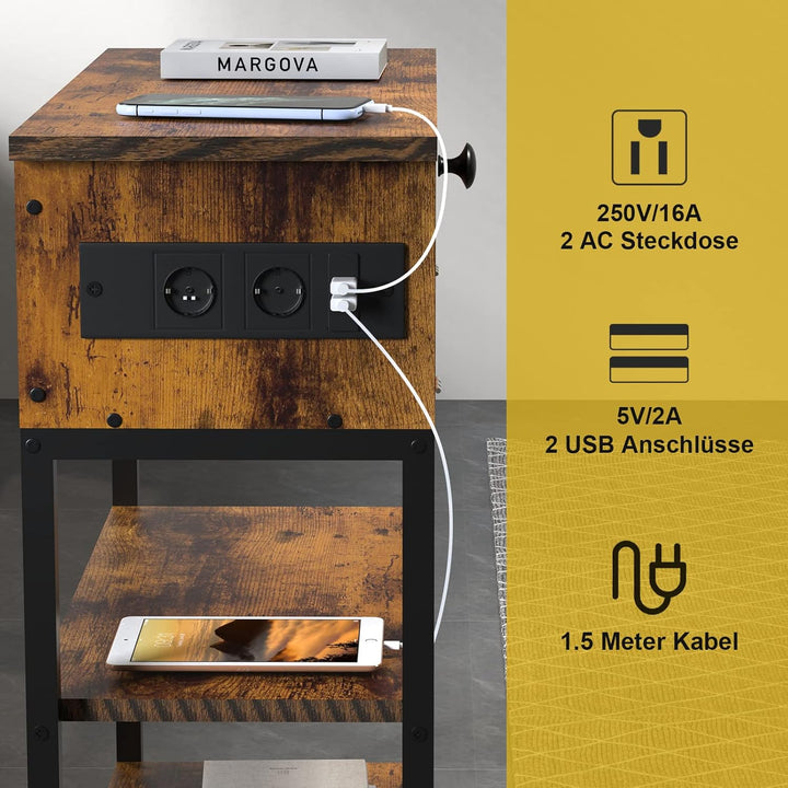PIPIPOXER Nachttisch mit Steckdose, Nachttisch mit USB Anschlüssen und Steckdosen, Flip Top Beistell