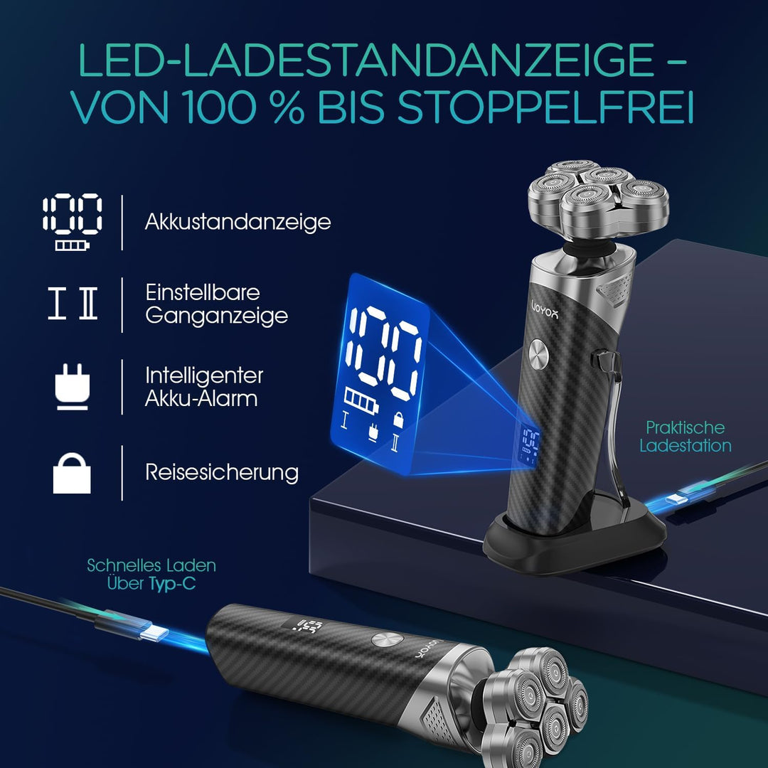 VOYOR Rasierer Herren Elektrisch, 5D-Drehköpfe, Nass- und Trockenrasierer | Elektrorasierer Herren R