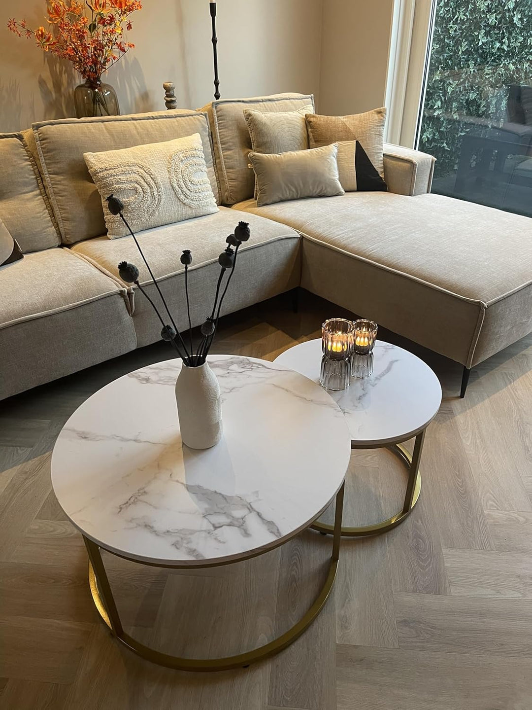 Home Heaven® Couchtisch Rund Weiss Marmor mit Gold – Runder Wohnzimmertisch 2er Set für Wohnzimmer -