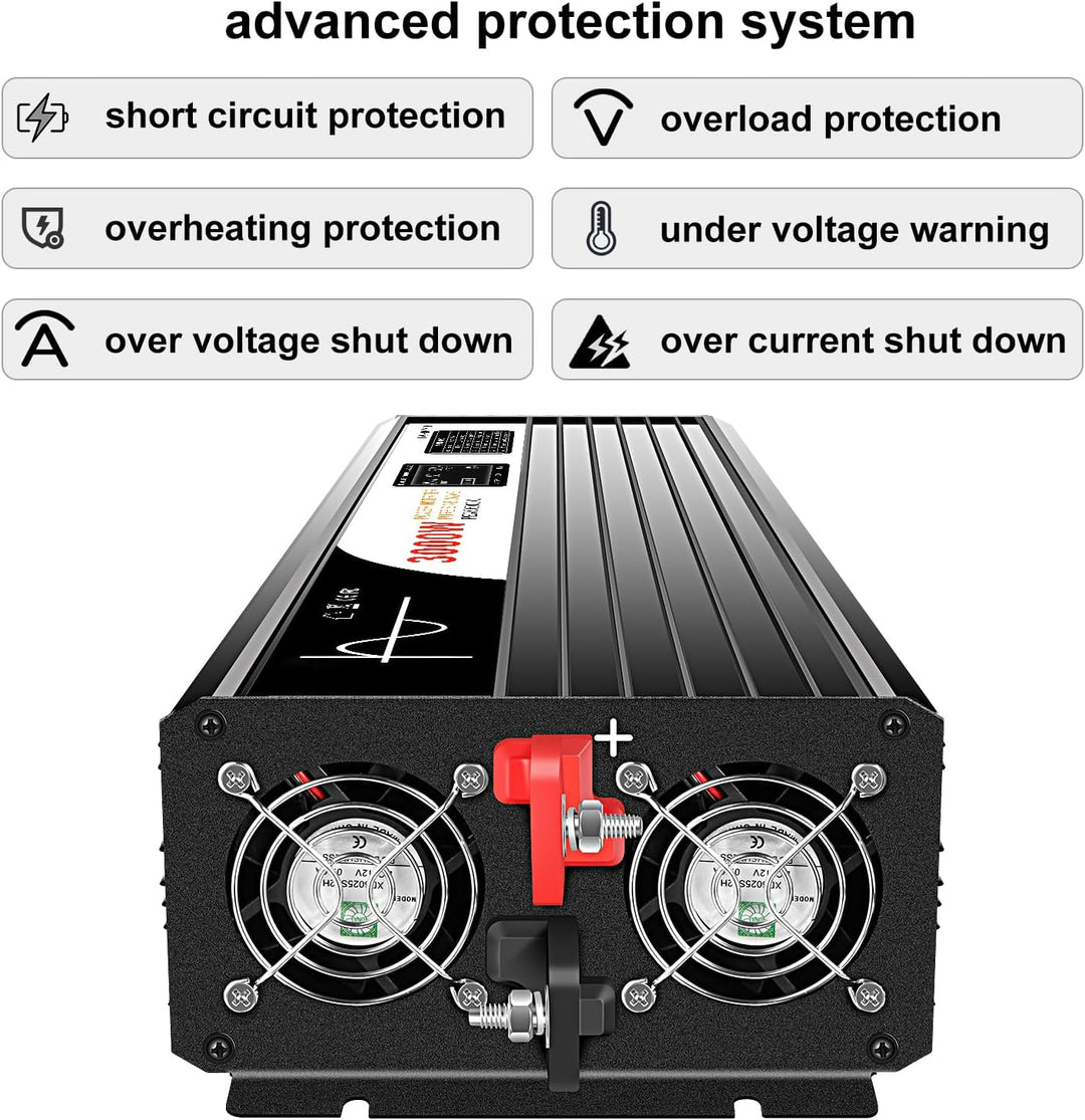Xijia 3000W Wechselrichter 12V 230V Reiner Sinus Spannungswandler (6000W Spitzenleistung), LCD-Displ