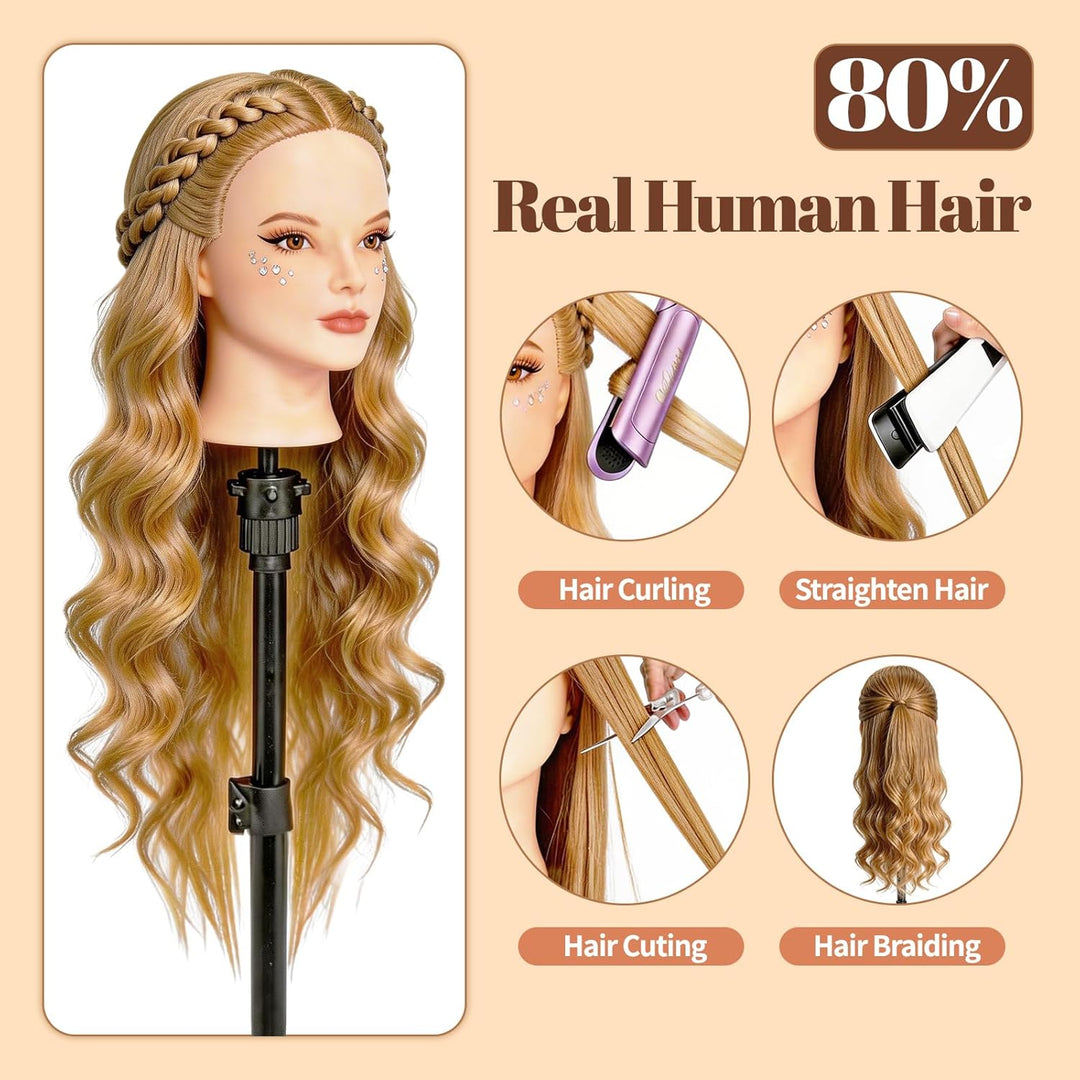 Yofuly 26Zoll/66cm Frisierkopf, 80% Echthaar Übungskopf, Make-up Frisieren Trainingsköpfe, Mannequin