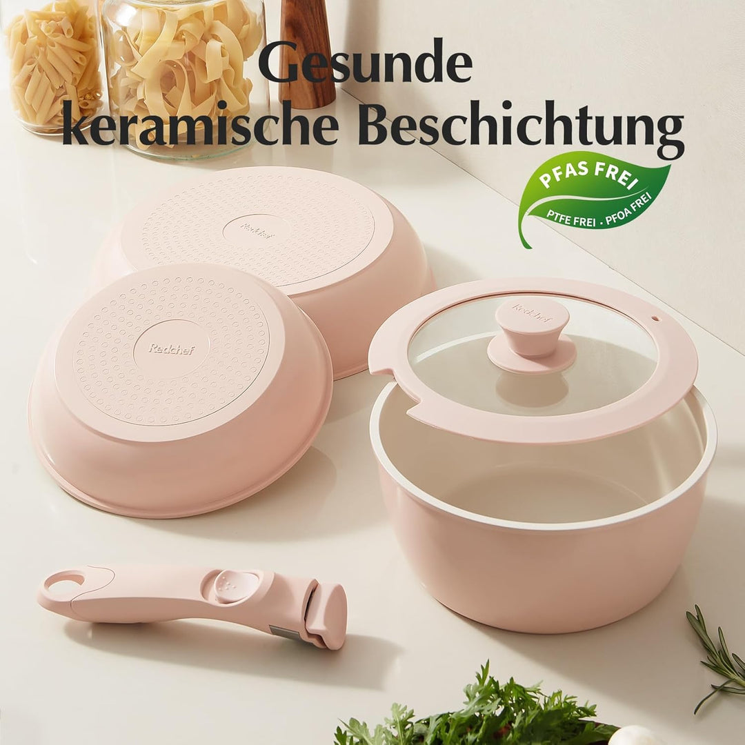 Redchef Pfannenset Keramik mit Abnehmbaren Griff, Wohnmobil Kochgeschirr Set für Camping, Keramik Un