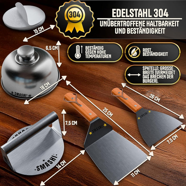 SMASHI® Smash Burger Set mit Holzgriffen – Grillzubehör aus Edelstahl 304 Burgerpresse, 2 Spachteln