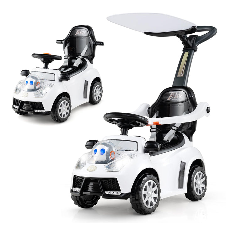 COSTWAY 3-in-1 Rutschauto mit Schiebestange, Rutschfahrzeug mit Hupe, Musik, Licht & Sicherheitsgurt