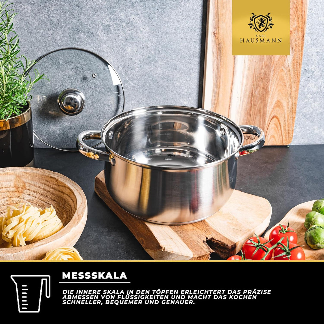 Topfset Induktion 3-teilig, Kochtopf Set mit Glasdeckel, Edelstahl mattiert, Induktions Töpfe Set un
