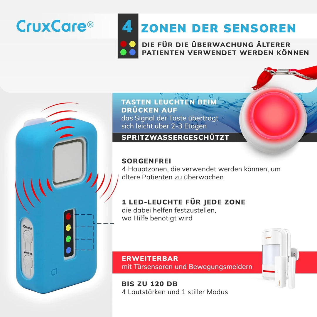 CruxCare C1 Notrufknopf für Senioren - Paniktasten und Pager für Pflegepersonal - 2 Ruftasten & 1 Dr