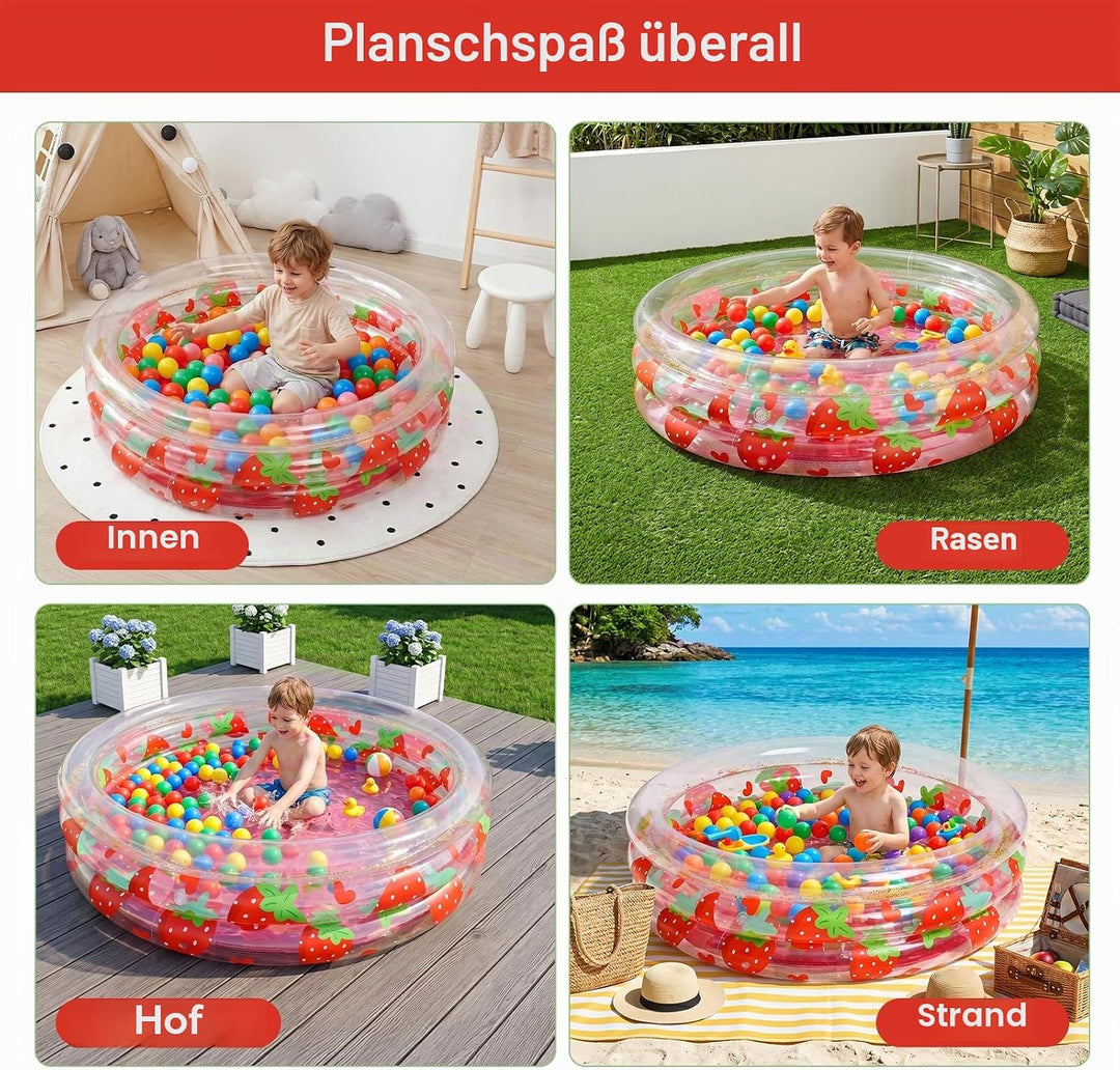 Aufblasbarer Pool, 90x25 cm, Aufblasbares Planschbecken, Paddling Pool, Pailletten-Erdbeermuster, in