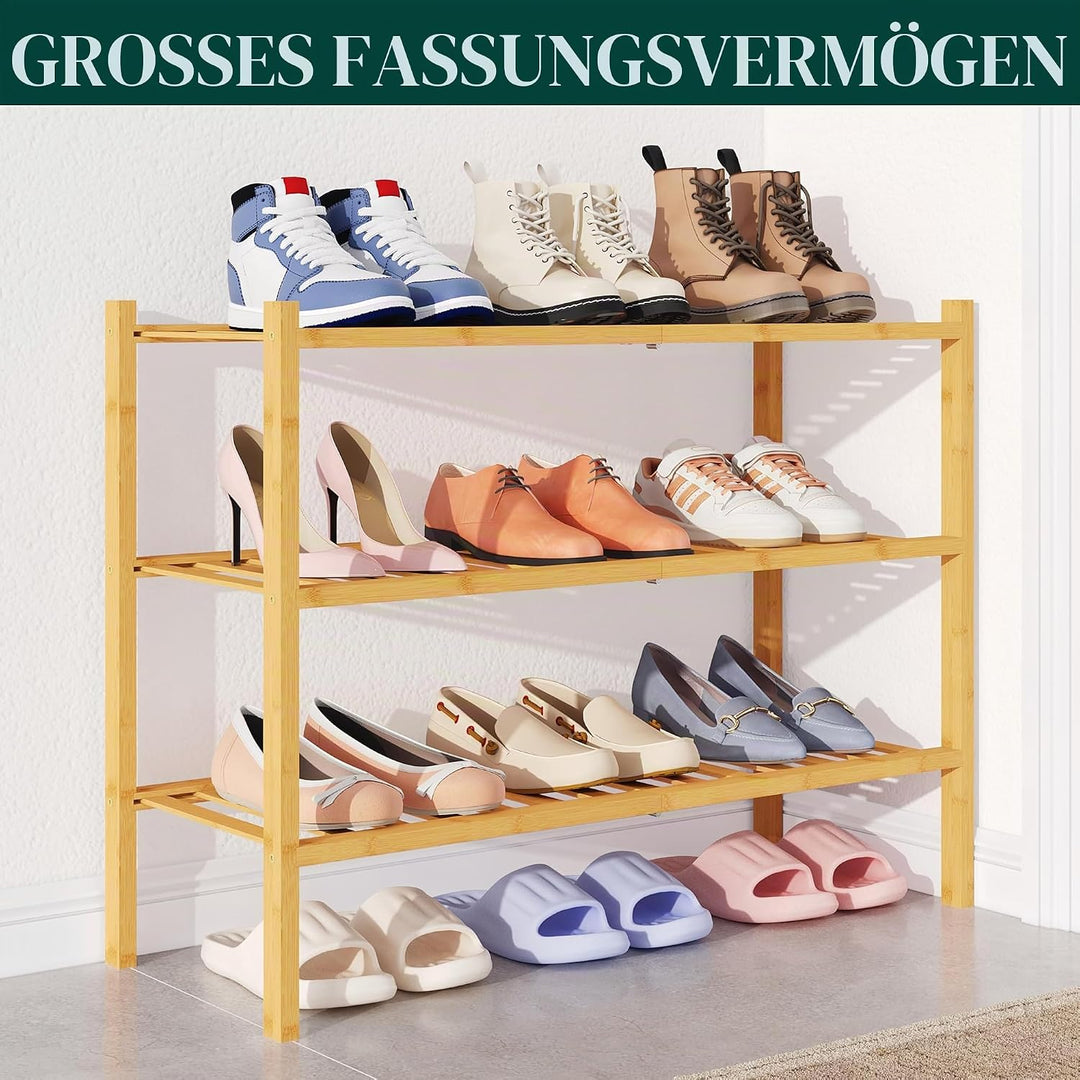 smiry Schuhregal aus Bambus, Schuhregal Platzsparend mit 3 Ebenen, Erweiterbar Stapelbar Shoe Rack,